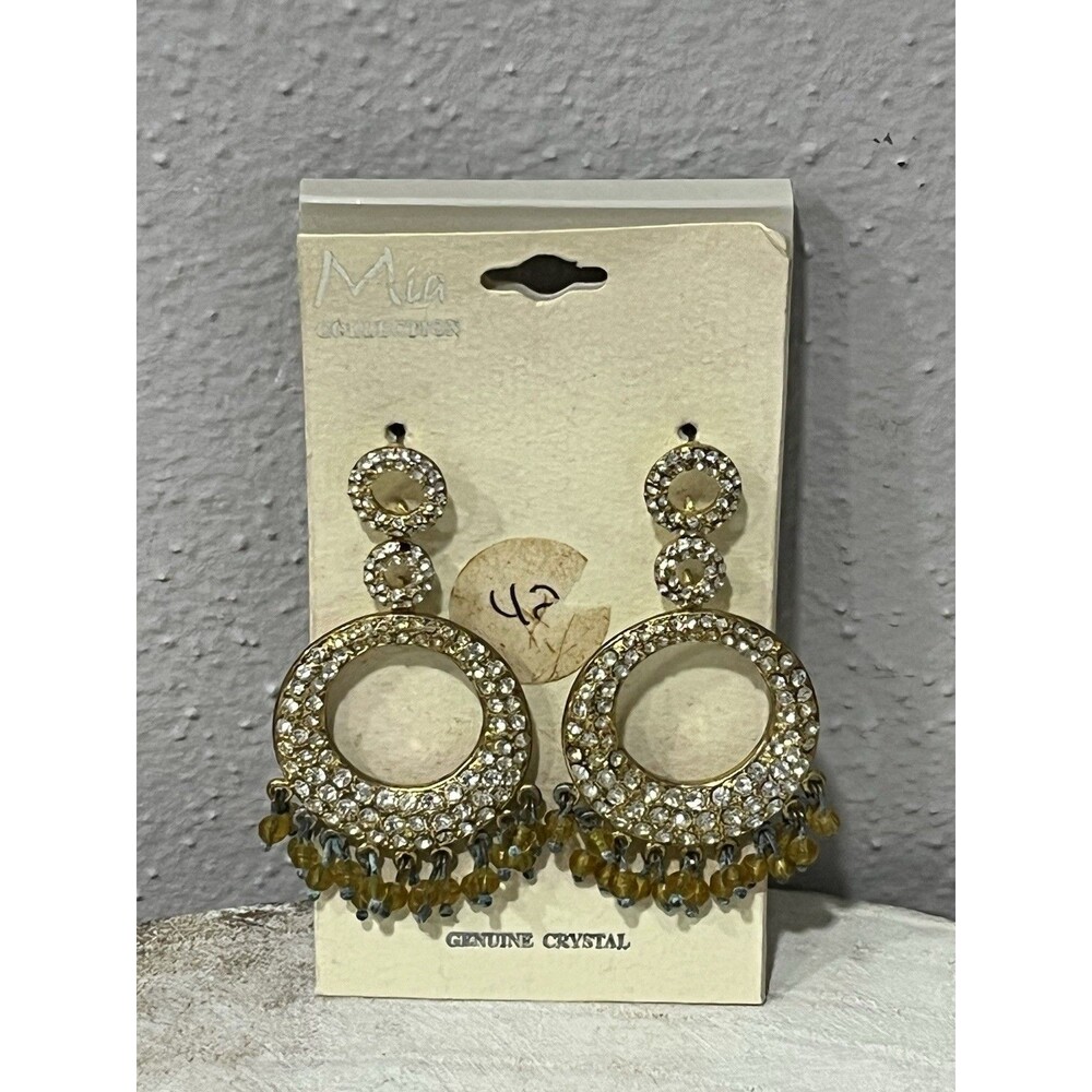 NEW Mia Collection Genuine Crystal Hoop Drop Earrings Gold Tone Statement Beaded